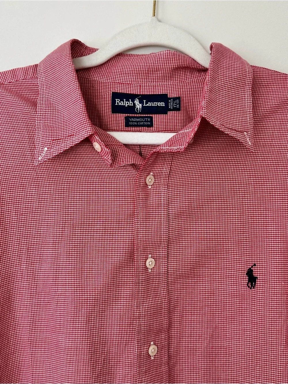 Polo Ralph Lauren Button Down Shirt, Red & White Micro Houndstooth – L / XL